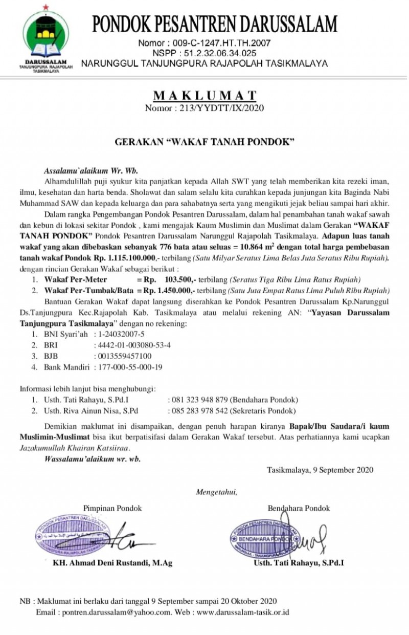 Maklumat Gerakan Tanah Wakaf Pondok Pesantren Darussalam Rajapolah